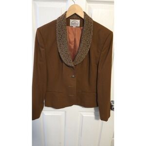 Vintage Field Manor 100% Wool Blazer Size 12 Brown Lace Collar Made in USA